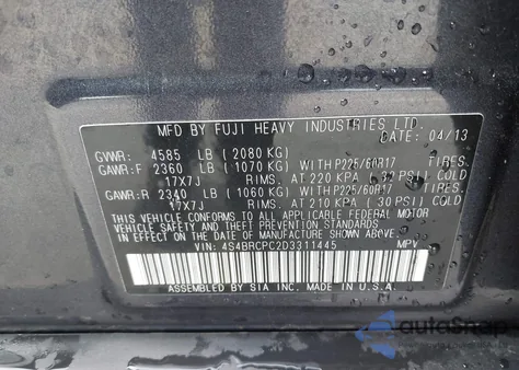 2013 Subaru Outback 2.5I Limited z USA, uszkodzony, nr VIN 4S4BRCPC2D3311445